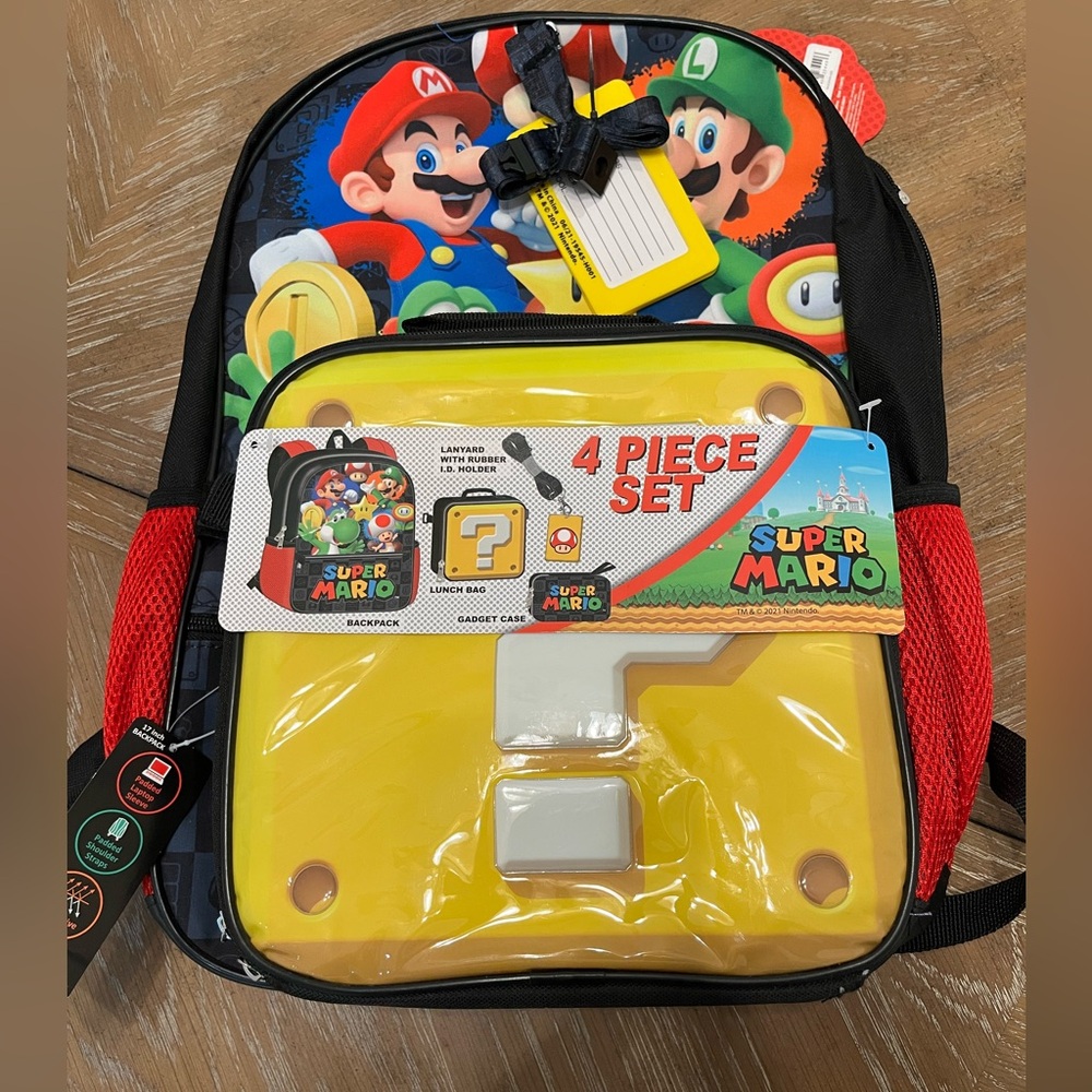 THREE piece set Mario Brothers backpack, lunchbox, travel tag with lanyard READ